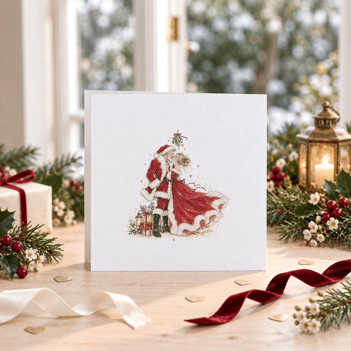 Wife Christmas Card with Name, Romantic Mistletoe Kiss - Pretty Gifted