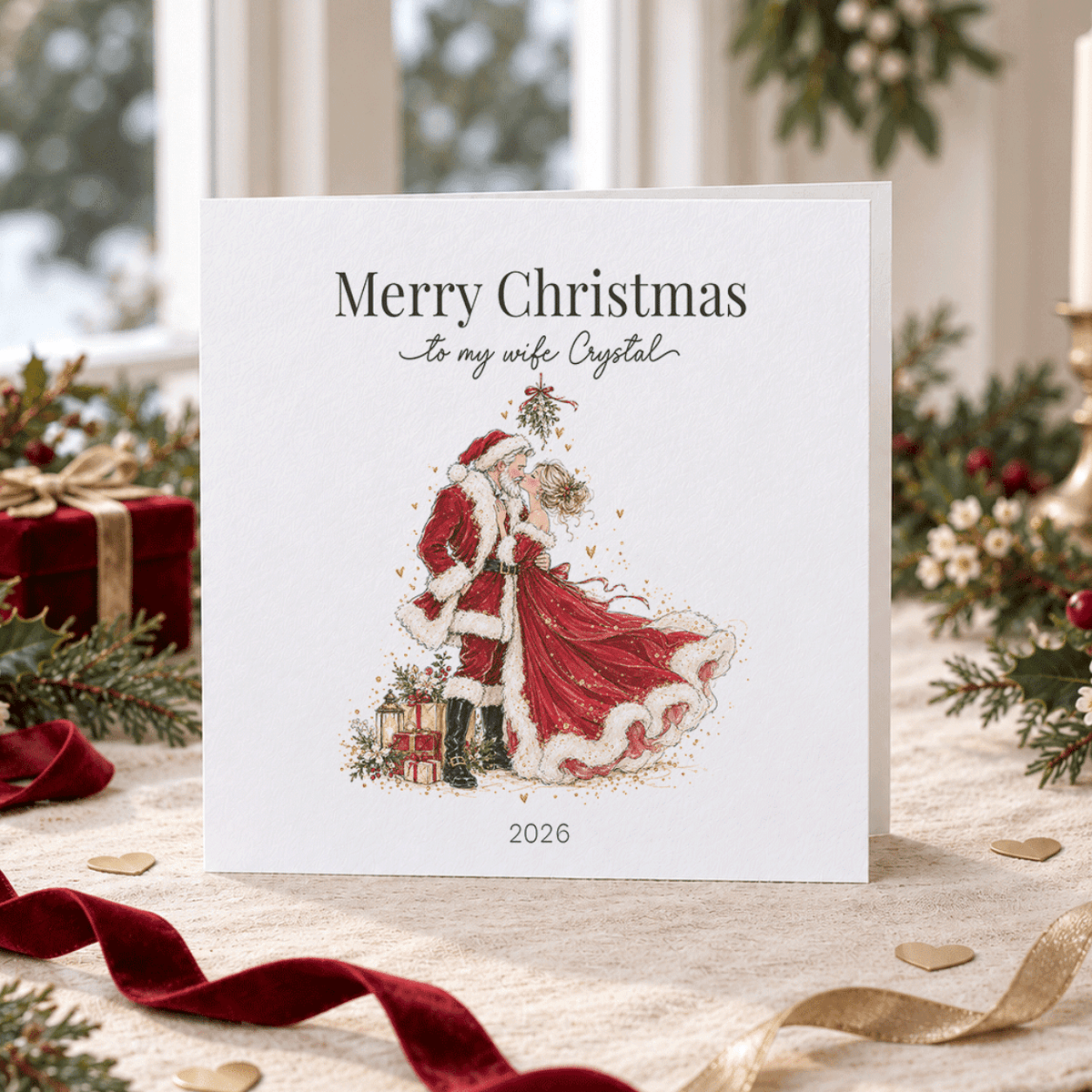 Wife Christmas Card with Name, Romantic Mistletoe Kiss - Pretty Gifted