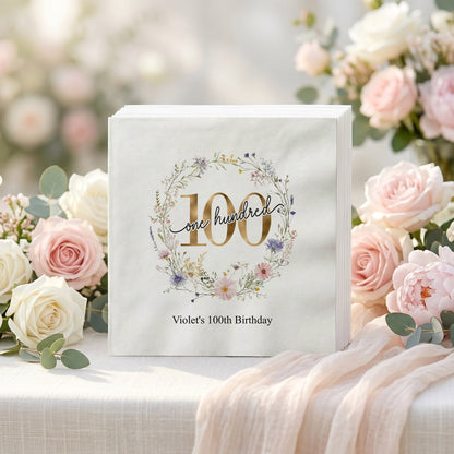 Wildflower 100th Birthday Napkins Personalized for Her - Pretty Gifted