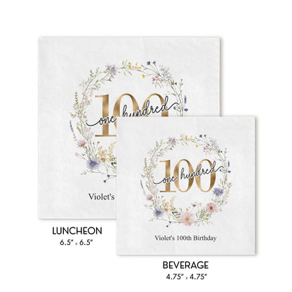 Wildflower 100th Birthday Napkins Personalized for Her - Pretty Gifted