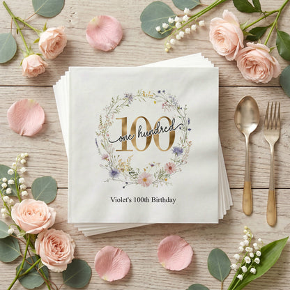 Wildflower 100th Birthday Napkins Personalized for Her - Pretty Gifted