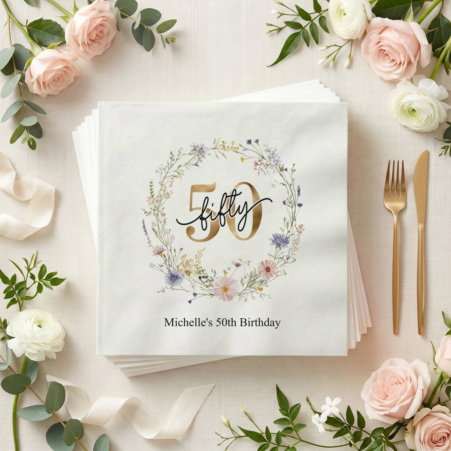 Wildflower 50th Birthday Napkins Personalized for Her - Pretty Gifted