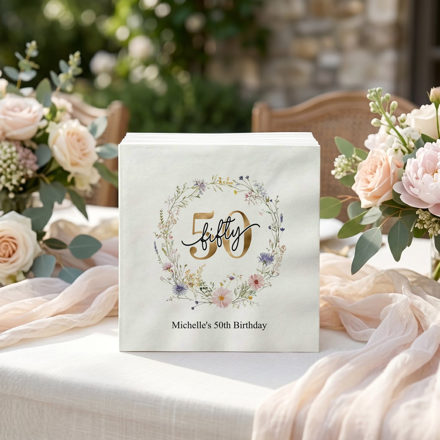 Wildflower 50th Birthday Napkins Personalized for Her - Pretty Gifted