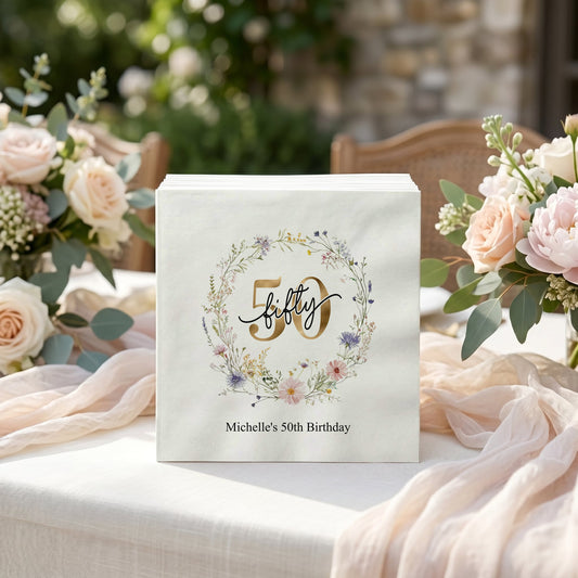 Wildflower 50th Birthday Napkins Personalized for Her - Pretty Gifted