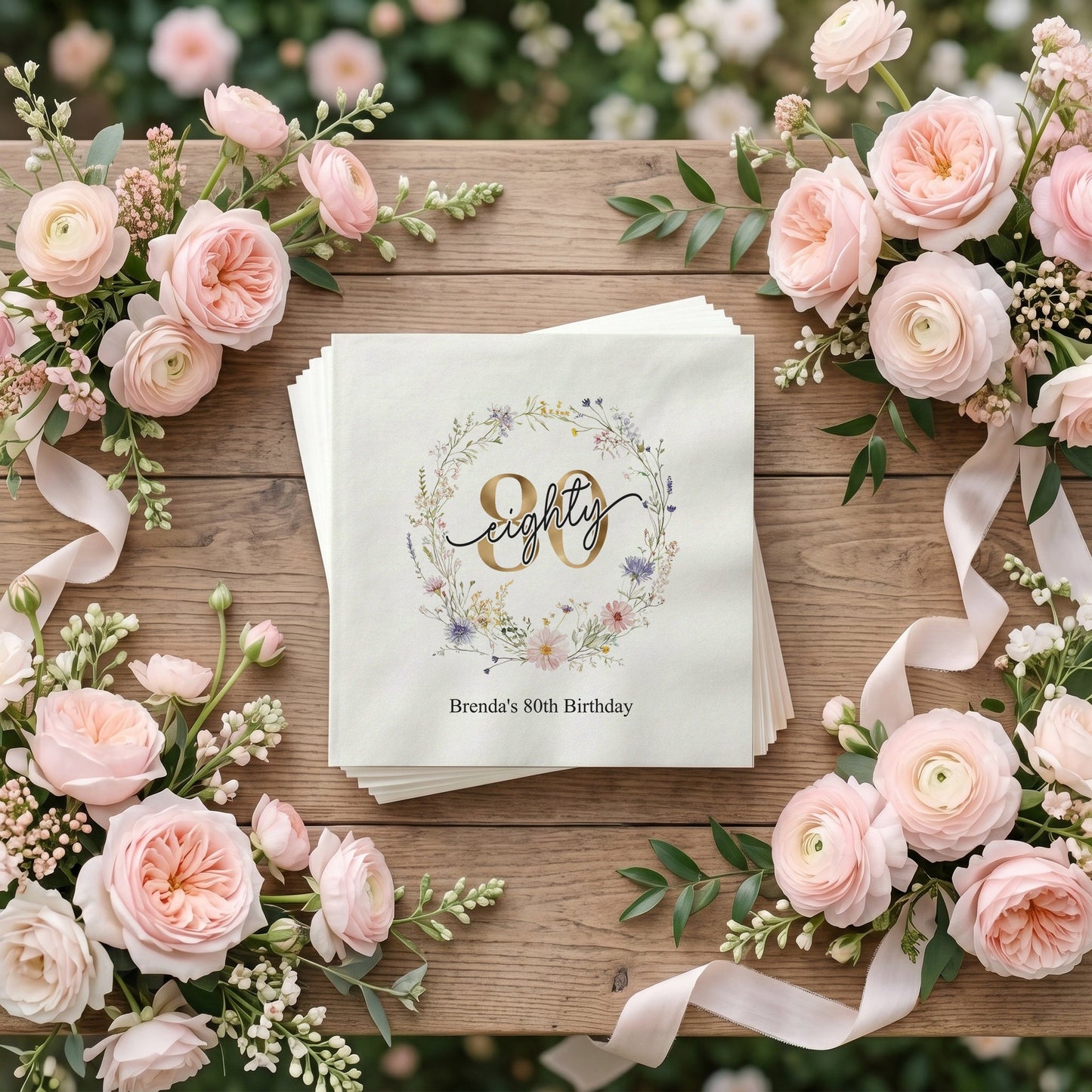 Wildflower 80th Birthday Napkins Personalized for Her - Pretty Gifted
