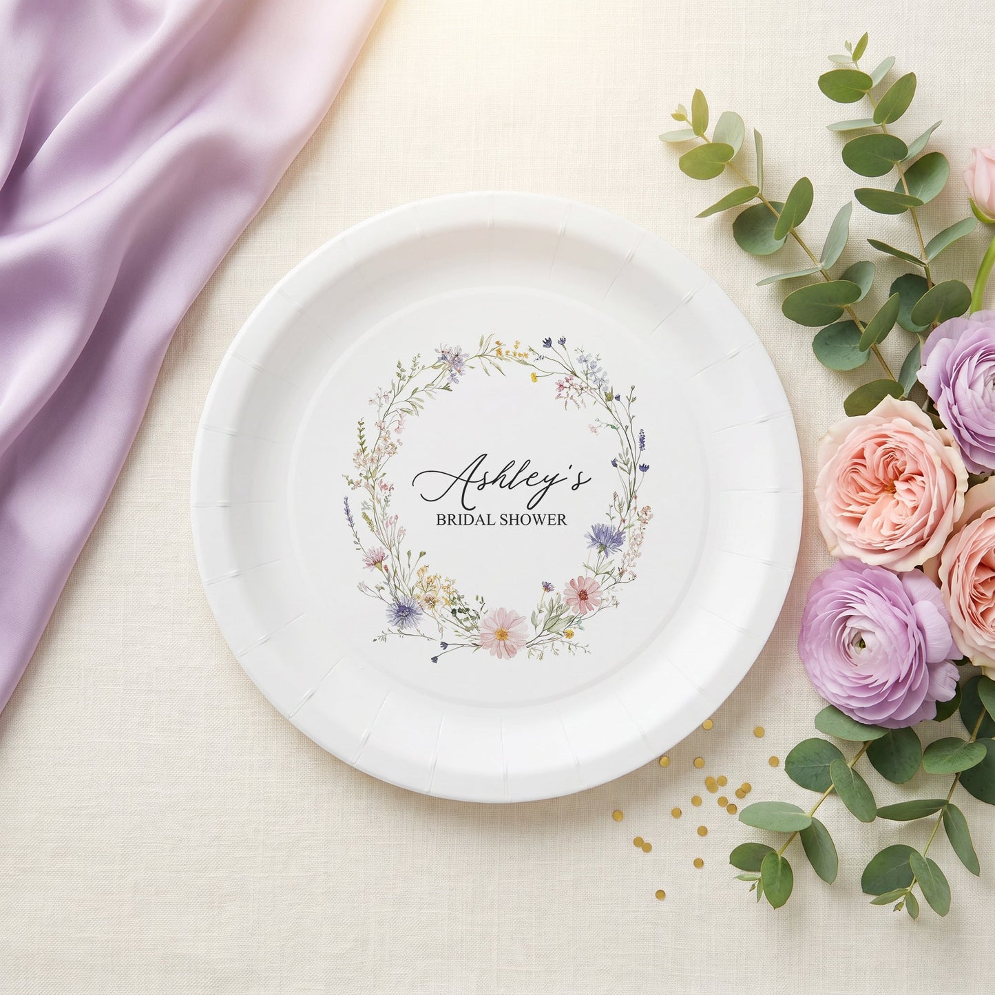 Wildflower Bridal Shower Plates, Floral Wreath, Personalized - Pretty Gifted