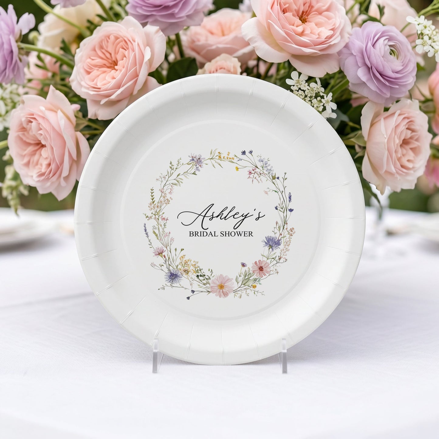 Wildflower Bridal Shower Plates, Floral Wreath, Personalized - Pretty Gifted