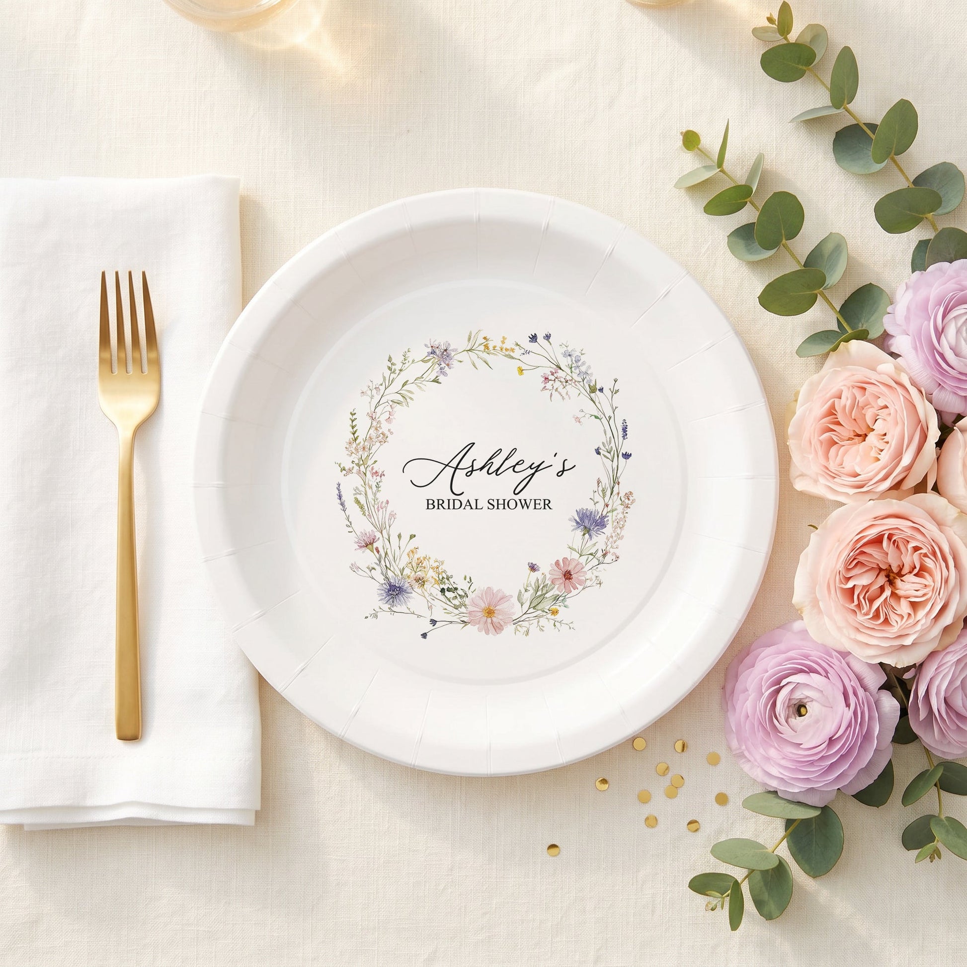 Wildflower Bridal Shower Plates, Floral Wreath, Personalized - Pretty Gifted