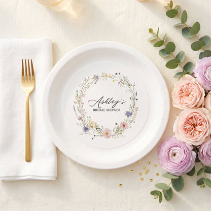 Wildflower Bridal Shower Plates, Floral Wreath, Personalized - Pretty Gifted