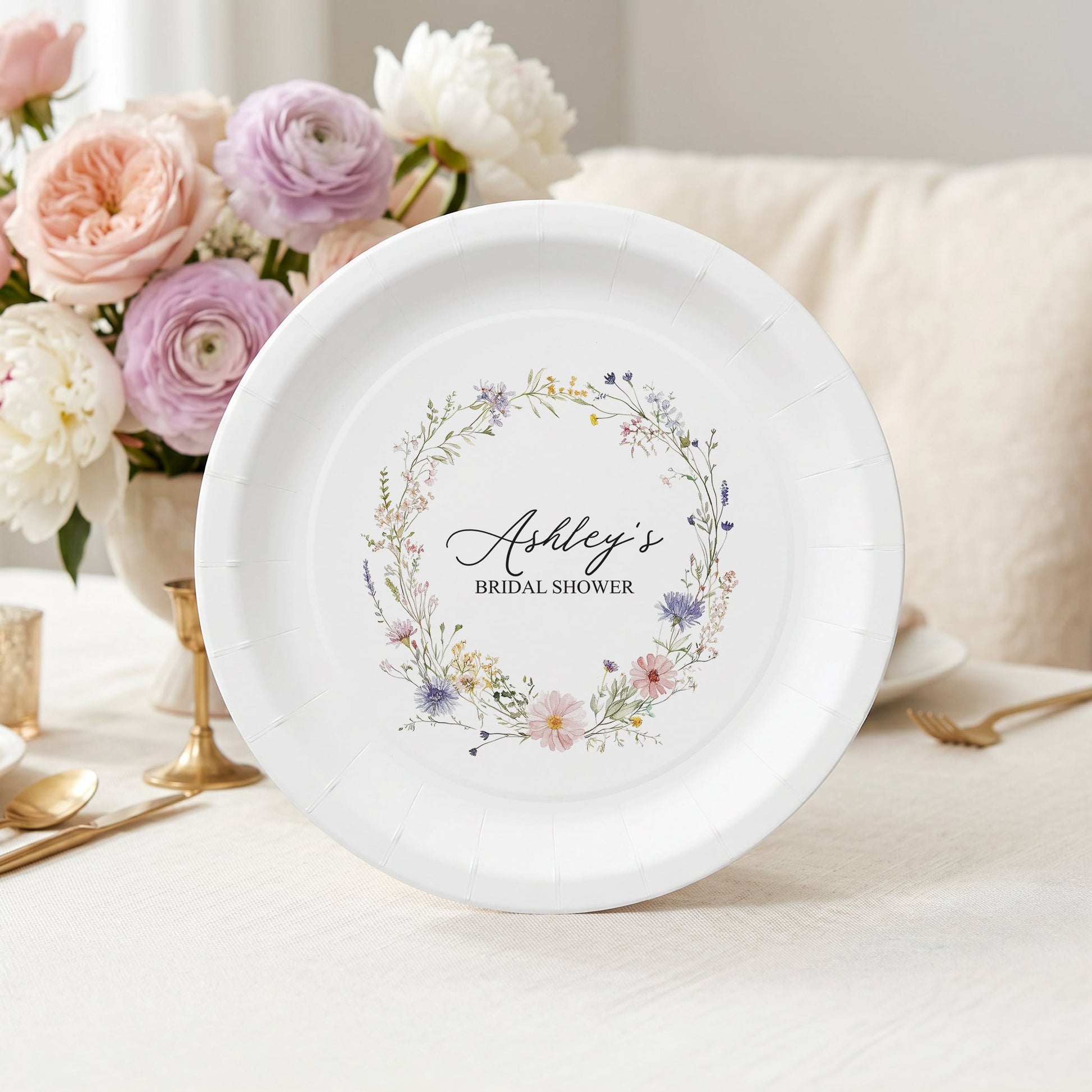 Wildflower Bridal Shower Plates, Floral Wreath, Personalized - Pretty Gifted
