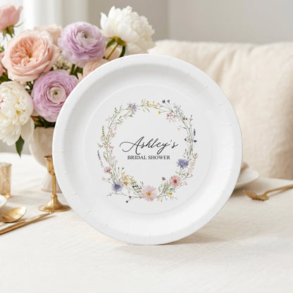 Wildflower Bridal Shower Plates, Floral Wreath, Personalized - Pretty Gifted
