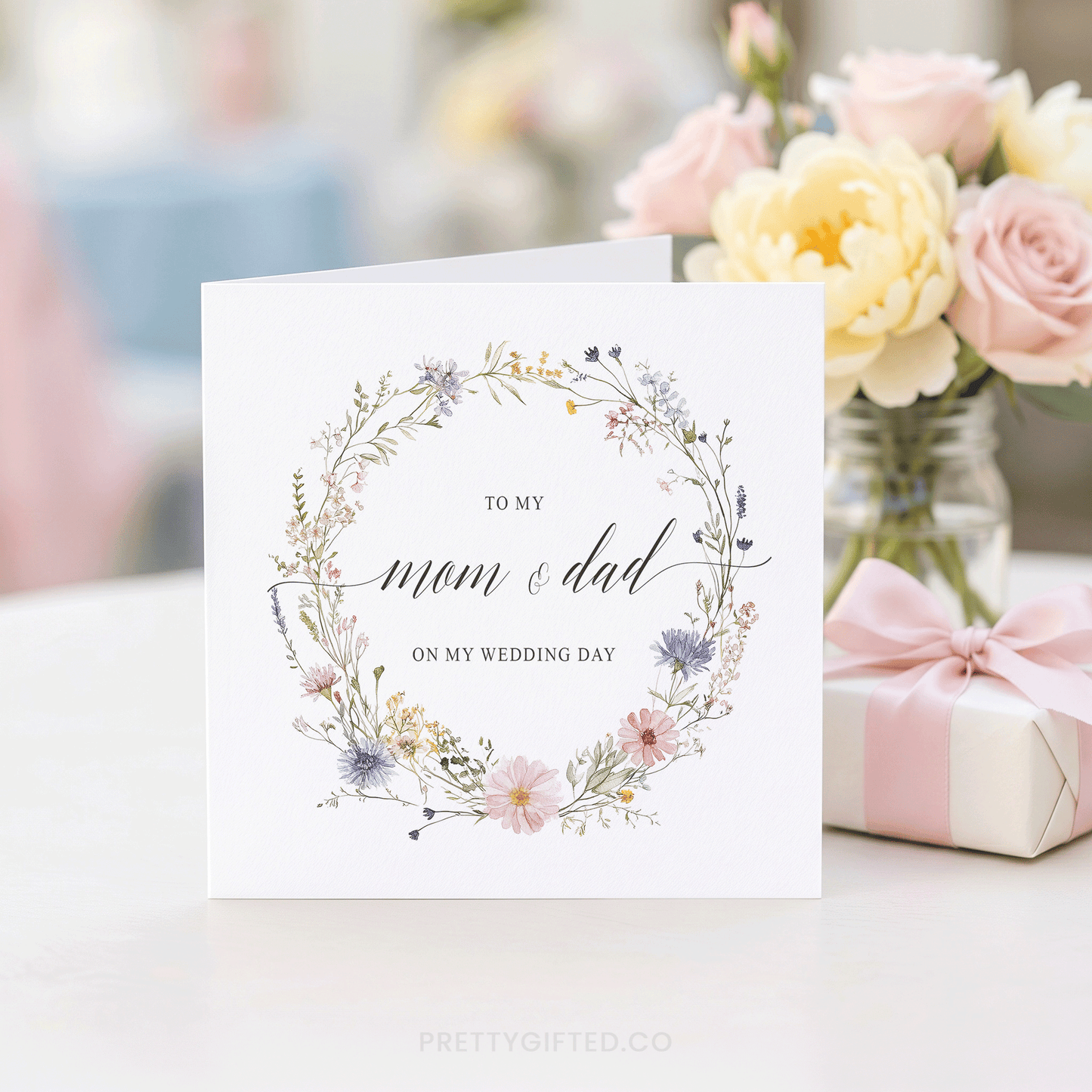 Wildflower Card to Mom and Dad on Wedding Day from Bride - Pretty Gifted