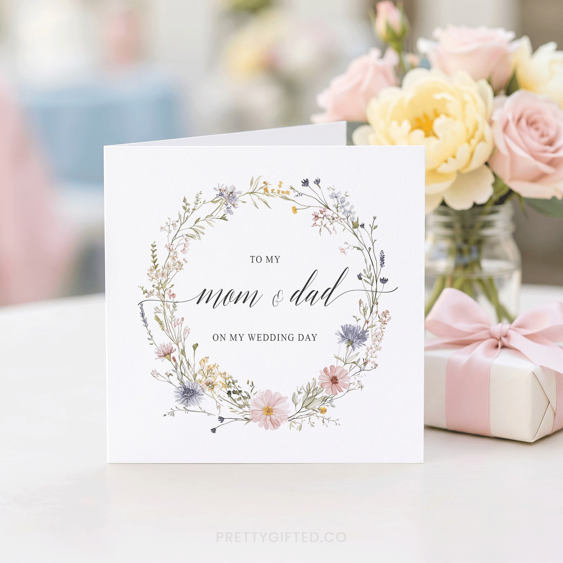 Wildflower Card to Mom and Dad on Wedding Day from Bride - Pretty Gifted