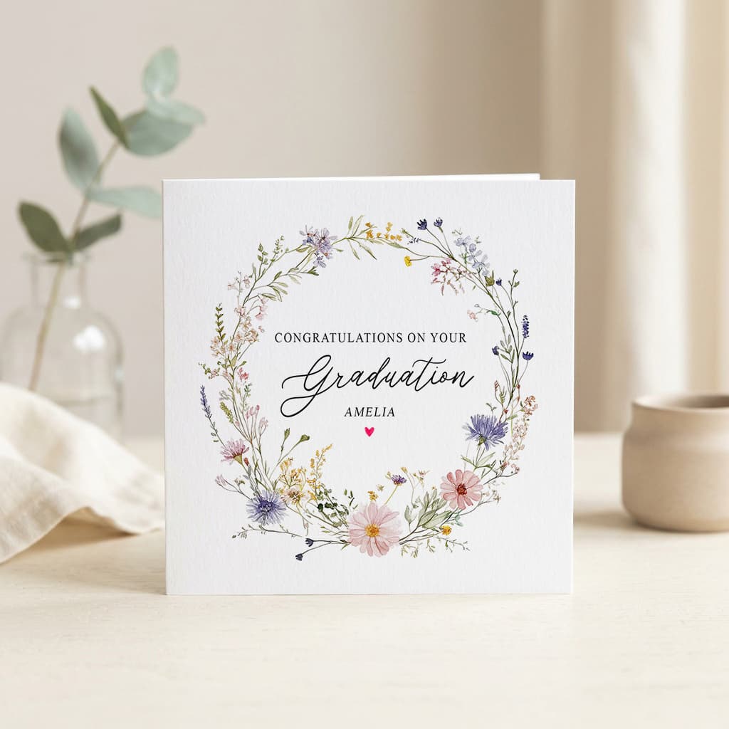 Wildflower Graduation Card, Personalized Floral Wreath Design - Pretty Gifted