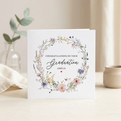 Wildflower Graduation Card, Personalized Floral Wreath Design - Pretty Gifted
