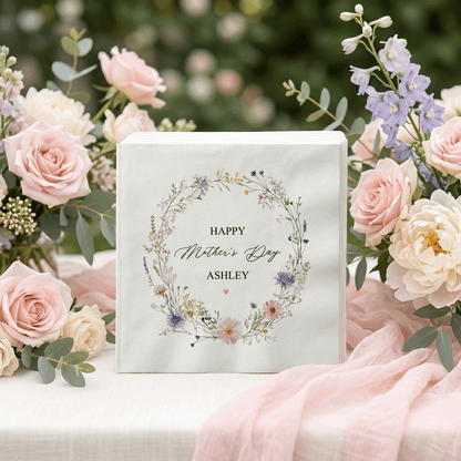 Wildflower Mother's Day Napkins, Personalized Floral Wreath Design - Pretty Gifted
