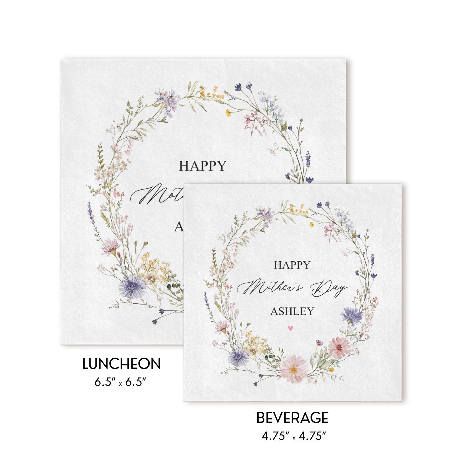 Wildflower Mother's Day Napkins, Personalized Floral Wreath Design - Pretty Gifted