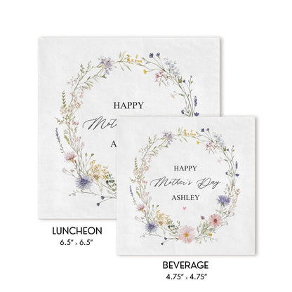Wildflower Mother's Day Napkins, Personalized Floral Wreath Design - Pretty Gifted