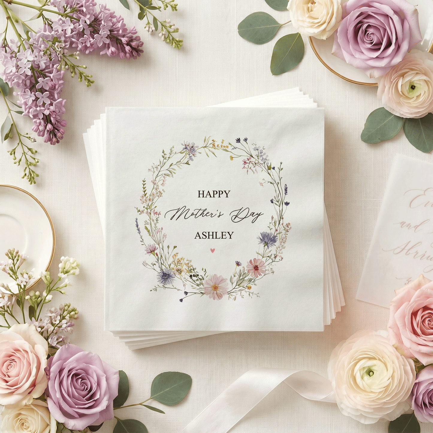 Wildflower Mother's Day Napkins, Personalized Floral Wreath Design - Pretty Gifted