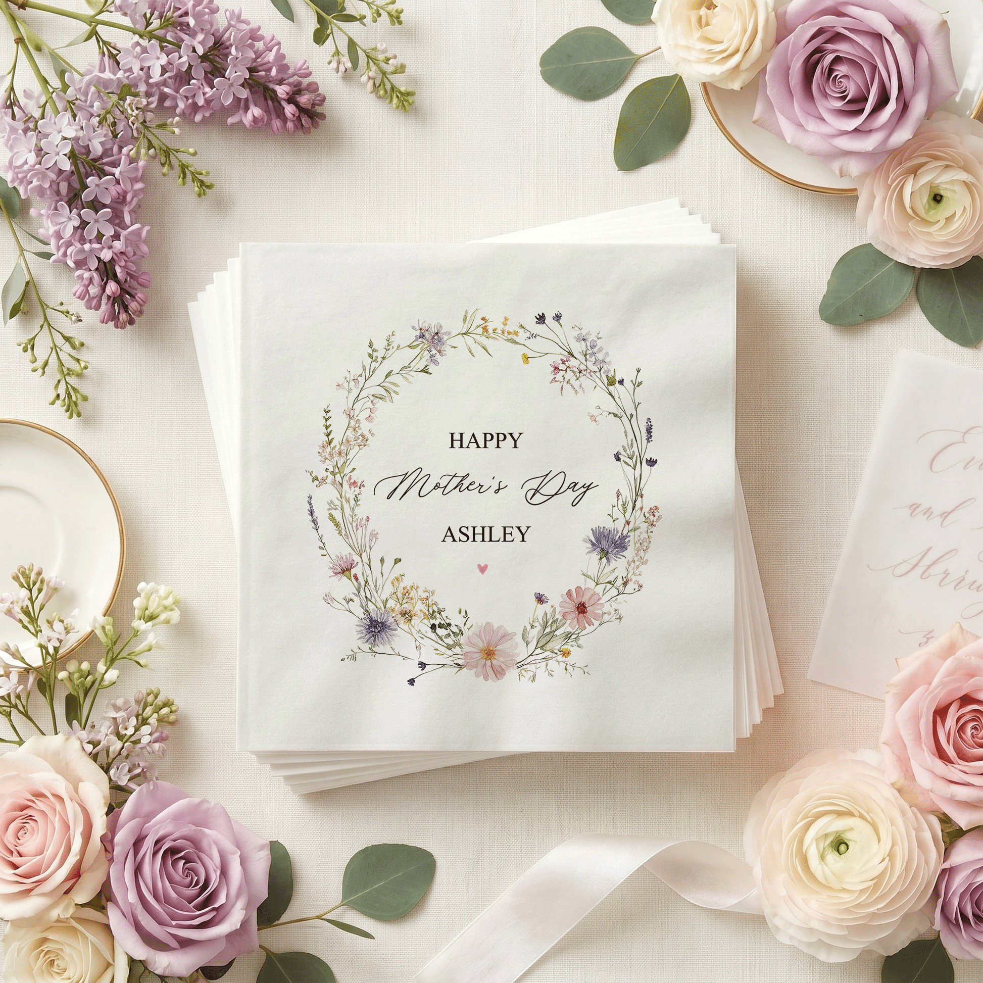 Wildflower Mother's Day Napkins, Personalized Floral Wreath Design - Pretty Gifted