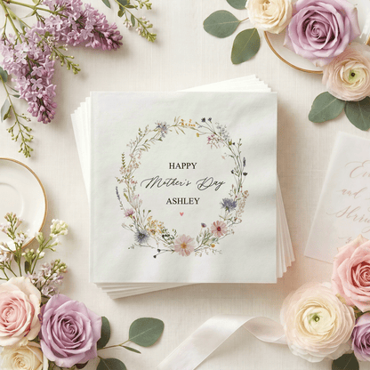 Wildflower Mother's Day Napkins, Personalized Floral Wreath Design - Pretty Gifted