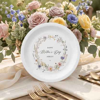 Wildflower Mother's Day Plates, Personalized Floral Wreath Tableware - Pretty Gifted