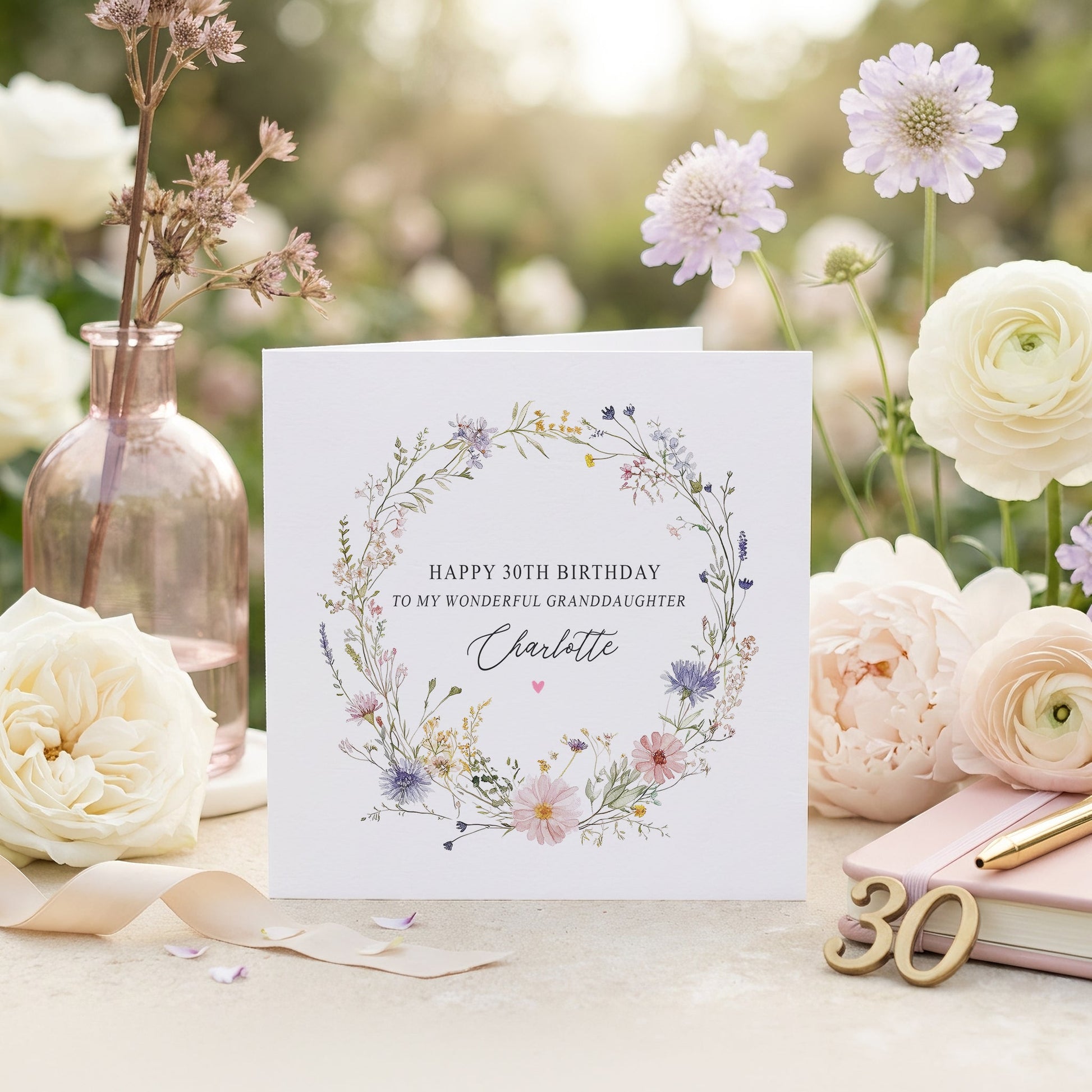 Wildflower Wreath 30th Birthday Card for Granddaughter - Pretty Gifted