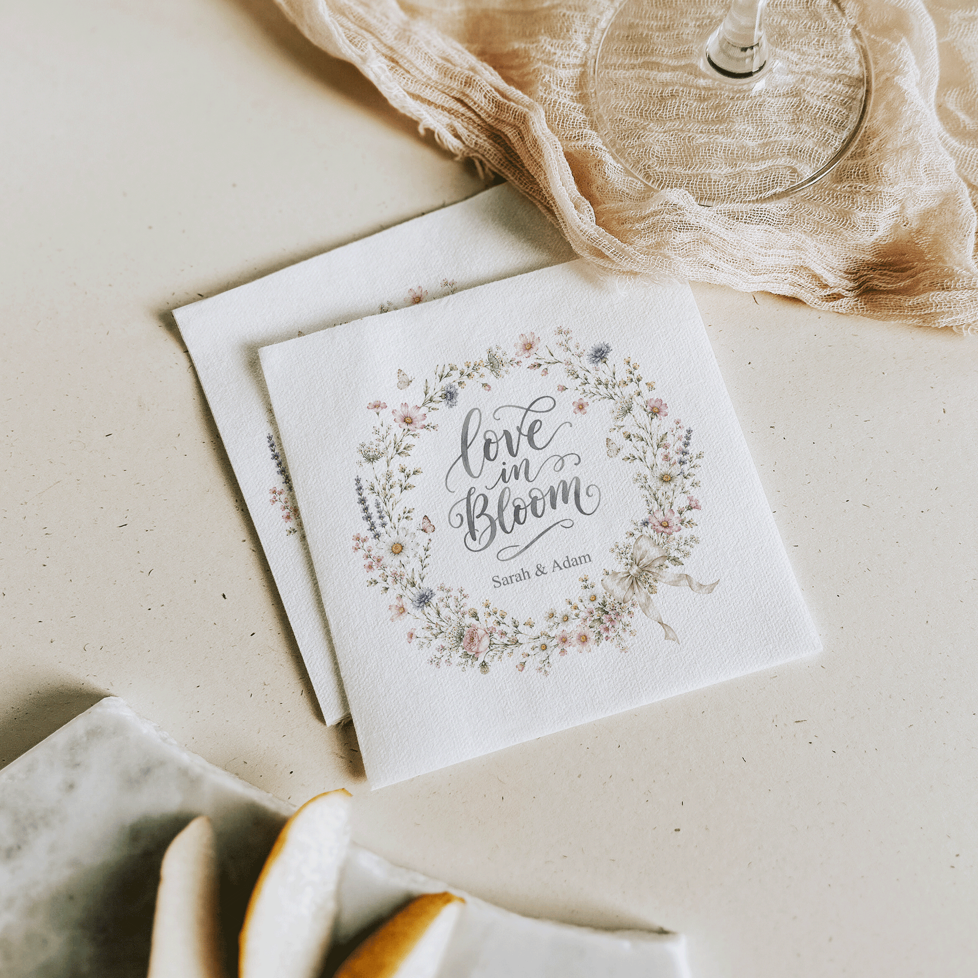 Wildflower Wreath Wedding Napkins, Love in Bloom, Personalized - Pretty Gifted