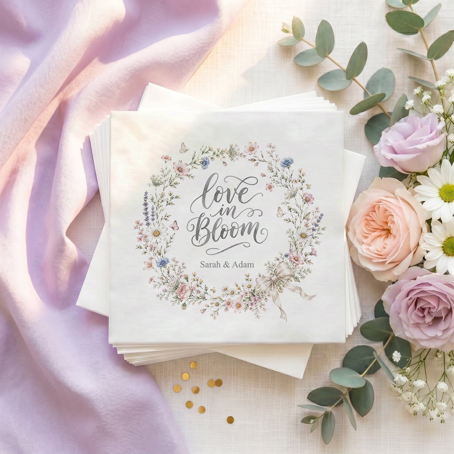 Wildflower Wreath Wedding Napkins, Love in Bloom, Personalized - Pretty Gifted