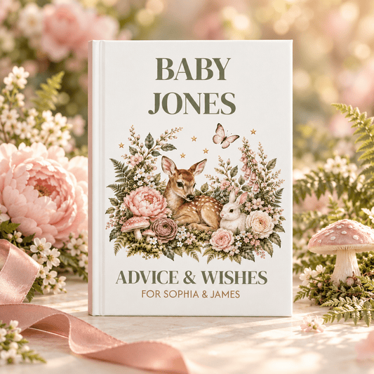 Woodland Baby Shower Guest Book, Blush Fawn and Bunny - Pretty Gifted