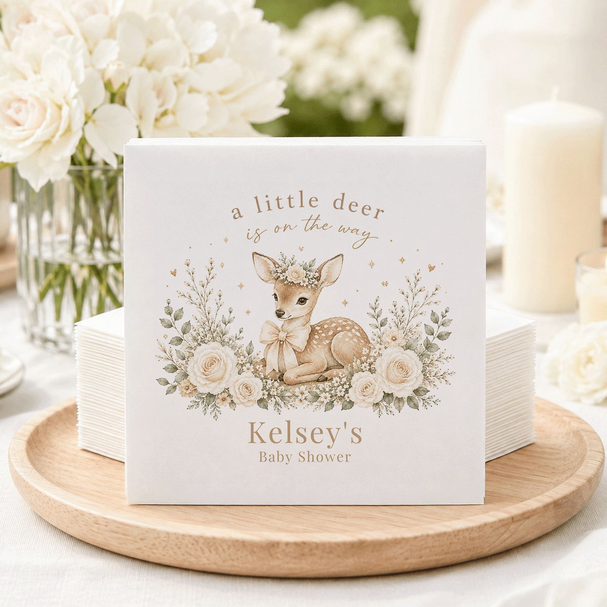 Woodland Fawn Cream and Sage Baby Shower Napkins - Pretty Gifted