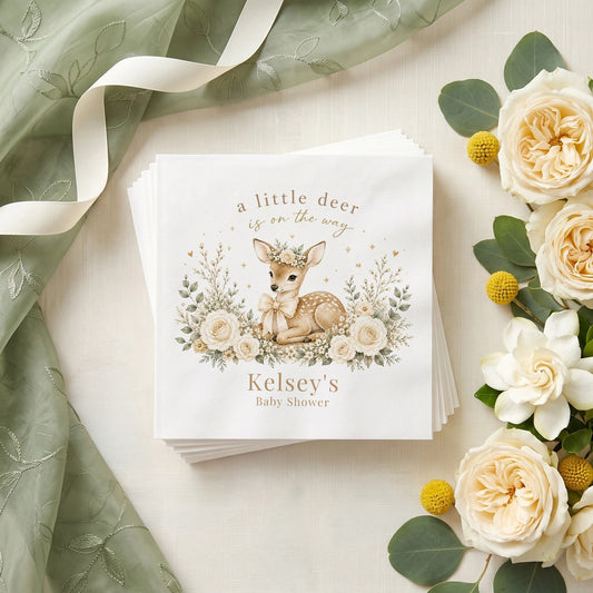 Woodland Fawn Cream and Sage Baby Shower Napkins - Pretty Gifted